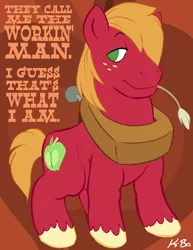 Size: 600x776 | Tagged: safe, artist:kevinbolk, derpibooru import, big macintosh, earth pony, pony, cutie mark background, male, no pupils, photoshop, rush, smiling, solo, song reference, stallion, straw in mouth, unshorn fetlocks, working man