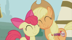 Size: 640x360 | Tagged: safe, derpibooru import, screencap, apple bloom, applejack, earth pony, pony, ponyville confidential, all new, animated, cute, eyes closed, female, filly, mare, snuggling, squishy cheeks, text