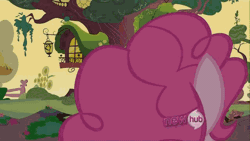 Size: 640x360 | Tagged: animated, back of head, balloonbutt, bouncing, derpibooru import, featureless crotch, golden oaks library, hub logo, it's about time, jumping, pinkie pie, plot, pronking, rear view, safe, screencap, solo, underhoof