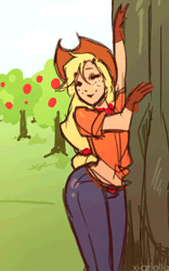 Size: 350x562 | Tagged: animated, applebucking, applebucking thighs, applejack, applejack mid tree-buck with 3 apples falling down, applejack's hat, artist:x-arielle, clothes, cowboy hat, dancing, derpibooru import, female, frame by frame, gloves, hat, human, humanized, smiling, solo, solo female, suggestive, wide hips