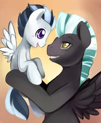 Size: 550x672 | Tagged: safe, artist:ende26, derpibooru import, rumble, thunderlane, pony, brothers, cute, duo, holding a pony, looking at each other, male, profile, rumblebetes, smiling, spread wings, thunderbetes