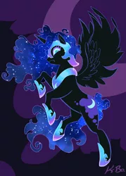 Size: 600x840 | Tagged: safe, artist:kevinbolk, derpibooru import, nightmare moon, alicorn, pony, abstract background, action pose, ethereal mane, female, hoof shoes, mare, moon, photoshop, rearing, solo, starry mane