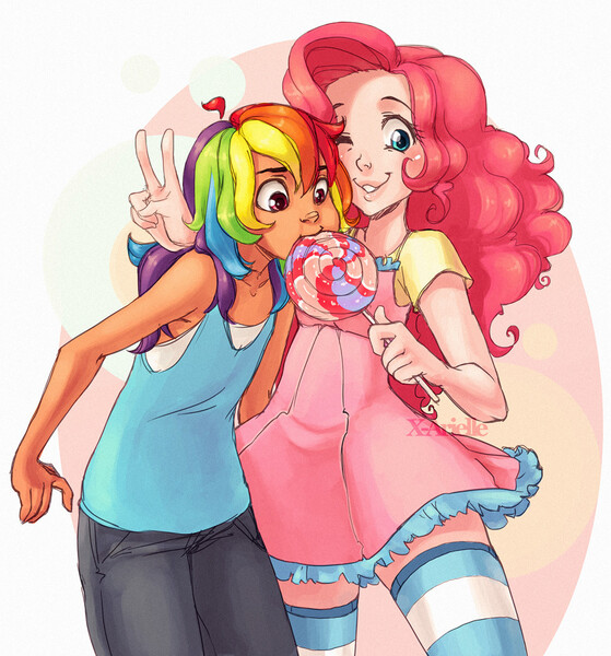 Size: 900x966 | Tagged: safe, artist:x-arielle, derpibooru import, pinkie pie, rainbow dash, breasts, candy, clothes, cute, dashabetes, delicious flat chest, diapinkes, eating, female, food, humanized, lesbian, lollipop, pinkiedash, rainbow flat, shipping, socks, striped socks, thigh highs, zettai ryouiki