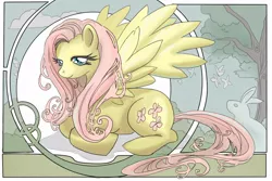Size: 900x600 | Tagged: safe, artist:animatey, derpibooru import, fluttershy, pegasus, pony, rabbit, animal, female, looking at you, mare, modern art, nouveau, prone, solo, spread wings, wings