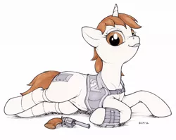 Size: 1004x800 | Tagged: safe, artist:ecmajor, derpibooru import, oc, oc:littlepip, unofficial characters only, pony, unicorn, fallout equestria, fanfic, clothes, fallout, fanfic art, female, gun, hooves, horn, mare, pipbuck, pistol, revolver, simple background, socks, solo, tongue out, vault suit, weapon, white background