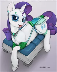 Size: 840x1054 | Tagged: artist:ecmajor, clothes, derpibooru import, female, jewelry, lingerie, lipstick, rarity, safe, solo, tail wrap, traditional art
