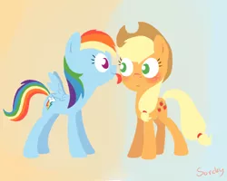 Size: 750x600 | Tagged: safe, artist:sorckylo, derpibooru import, applejack, rainbow dash, earth pony, pegasus, pony, appledash, blushing, female, gradient background, lesbian, licking, mare, shipping