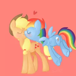 Size: 750x750 | Tagged: safe, artist:sorckylo, derpibooru import, applejack, rainbow dash, earth pony, pegasus, pony, appledash, blushing, female, heart, kissing, lesbian, mare, shipping, simple background