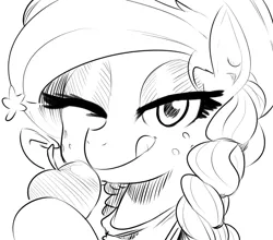 Size: 1024x900 | Tagged: safe, artist:sunibee, derpibooru import, applejack, alternate hairstyle, apple, bedroom eyes, monochrome, obligatory apple, solo, tongue out, wink