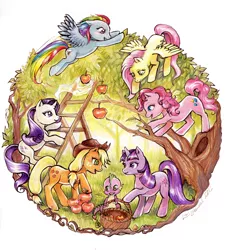 Size: 638x700 | Tagged: apple, applejack, artist:linnpuzzle, derpibooru import, fluttershy, magic, mane seven, mane six, orchard, partial background, pinkie pie, rainbow dash, rarity, safe, spike, traditional art, tree, twilight sparkle, working