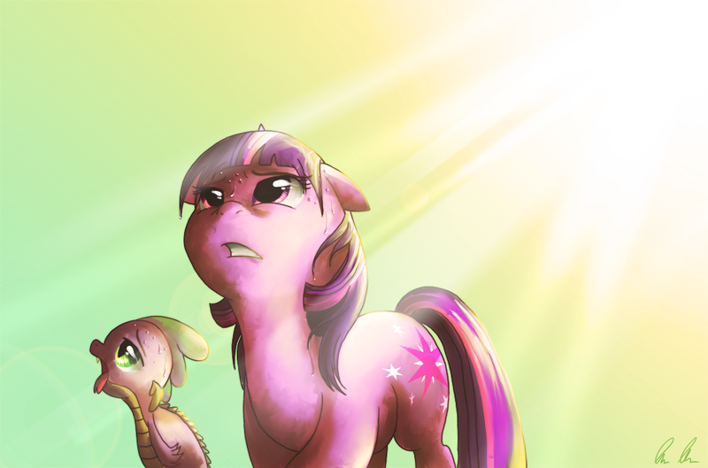 Size: 1061x701 | Tagged: artist:c-puff, derpibooru import, duo, safe, spike, sweat, twilight sparkle