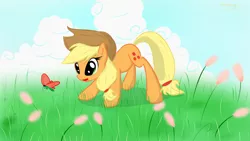 Size: 1920x1080 | Tagged: dead source, safe, artist:xcopyen002, derpibooru import, applejack, butterfly, earth pony, pony, cute, female, jackabetes, solo