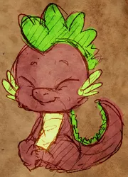 Size: 217x301 | Tagged: safe, artist:ponynomicon, derpibooru import, spike, dragon, baby, baby dragon, brown background, cute, eyes closed, male, scales, simple background, smiling, solo, spikabetes