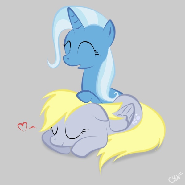 Size: 1000x1000 | Tagged: safe, artist:krellyan, derpibooru import, derpy hooves, trixie, pegasus, pony, unicorn, eyes closed, female, happy, heart, lesbian, mare, photoshop, rarepair, shipping, simple background, sleeping, tripy