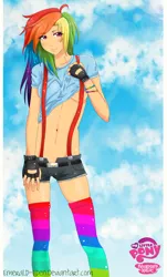 Size: 1776x2943 | Tagged: artist:emerald-eden, breasts, derpibooru import, female, humanized, rainbow dash, suggestive, suspenders, underboob