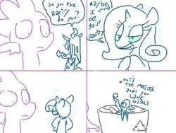 Size: 794x597 | Tagged: safe, artist:the weaver, derpibooru import, queen chrysalis, rarity, spike, changeling, changeling queen, dragon, comic, cute, cutealis, dialogue, disguise, disguised changeling, doll, female, image, lineart, png, simple background, trash can, white background