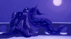 Size: 1600x883 | Tagged: safe, artist:jakneurotic, derpibooru import, princess luna, oc, oc:angel song, alicorn, pony, unicorn, balcony, female, mare, moon, night, sad, stars, wings down