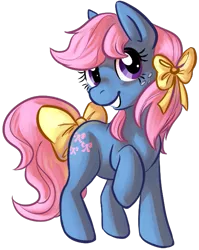 Size: 537x674 | Tagged: source needed, safe, artist:briskby, derpibooru import, bowtie (g1), earth pony, pony, bow, female, g1, g1 to g4, g4, hair bow, mare, raised hoof, simple background, smiling, tail bow, transparent background