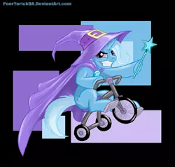 Size: 791x755 | Tagged: dead source, safe, artist:pooryorick, derpibooru import, trixie, pony, unicorn, cape, clothes, female, fluffy, glare, grin, hat, hoof hold, mare, pun, sitting, smiling, smirk, solo, tricycle, trixie's cape, trixie's hat, wand, wheelie