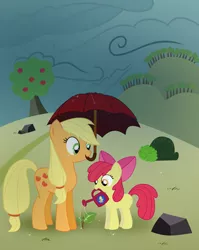 Size: 2364x2977 | Tagged: apple bloom, applejack, artist:nazoth, derpibooru import, high res, mouth hold, rain, safe, umbrella, watering, watering can