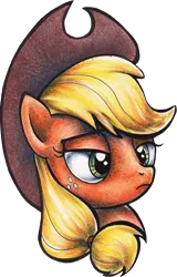 Size: 639x1000 | Tagged: applejack, applejack is not amused, artist:carlotta-guidicelli, bedroom eyes, bust, colored, derpibooru import, frown, portrait, safe, simple background, solo, traditional art, transparent background, unamused