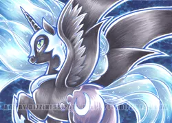 Size: 558x400 | Tagged: safe, artist:dizziness, derpibooru import, nightmare moon, alicorn, pony, solo, spread wings, traditional art, wings
