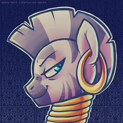 Size: 500x498 | Tagged: safe, artist:anjila, derpibooru import, zecora, zebra, bust, female, image, mare, png, smug, solo