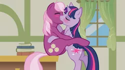 Size: 5000x2813 | Tagged: safe, artist:crookedtrees, artist:somepony, derpibooru import, cheerilee, twilight sparkle, earth pony, pony, unicorn, blushing, book, cheerilight, female, kissing, lesbian, love, mare, photoshop, ponyville schoolhouse, school, shipping, table, unicorn twilight