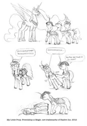Size: 887x1280 | Tagged: safe, artist:baron engel, derpibooru import, princess celestia, oc, oc:carousel, oc:petina, oc:sky brush, earth pony, pony, unicorn, :t, eeee, female, frown, grayscale, grin, hat, lidded eyes, male, mare, monochrome, open mouth, pencil drawing, poking, pony tipping, raised hoof, side, smiling, spread wings, squee, stallion, traditional art, unamused, wide eyes, wings