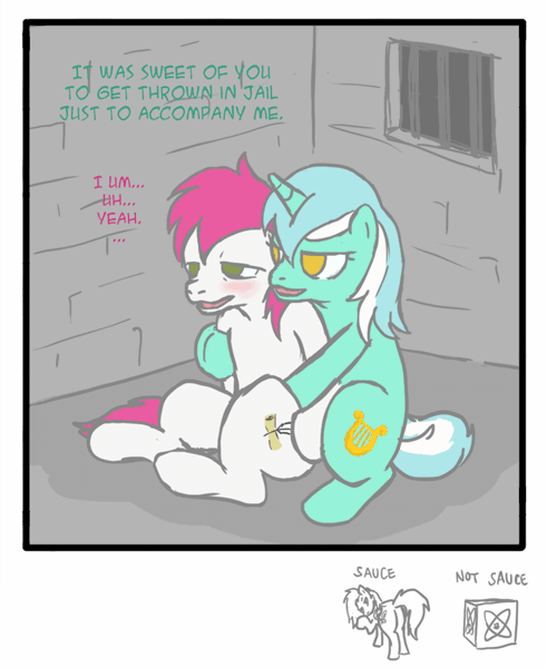 Size: 800x978 | Tagged: questionable, artist:ah-darnit, derpibooru import, lyra heartstrings, oc, oc:phoe, blushing, canon x oc, dialogue, female, grope, lesbian, prison, sethisto, shipping