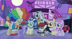 Size: 856x473 | Tagged: safe, derpibooru import, screencap, alula, applecore, mayor mare, noi, pipsqueak, piña colada, zecora, earth pony, pony, zebra, luna eclipsed, colt, male, youtube caption