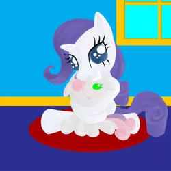 Size: 1350x1350 | Tagged: safe, artist:the-laughing-horror, derpibooru import, rarity, sweetie belle, pony, unicorn, baby, baby sweetie belle, female, filly, foal, hug, mare, photoshop, sitting, window