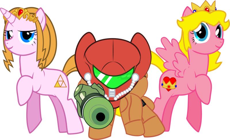 Size: 1558x949 | Tagged: artist:creshosk, derpibooru import, mario, metroid, nintendo, ponified, princess peach, princess zelda, safe, samus aran, simple background, super mario bros., the legend of zelda, transparent background