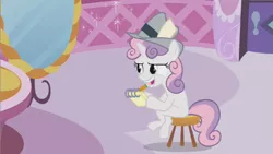 Size: 853x480 | Tagged: safe, derpibooru import, screencap, sweetie belle, pony, unicorn, ponyville confidential, female, filly, foal, hat, hoof hold, mirror, mouth hold, notepad, pencil, sitting, solo, stool