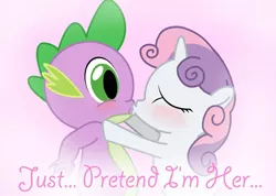 Size: 600x428 | Tagged: safe, artist:gimpcowking, derpibooru import, spike, sweetie belle, blushing, female, implied rarity, kissing, male, shipping, spikebelle, straight