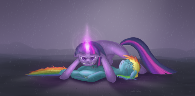 Size: 1370x675 | Tagged: safe, artist:sparkyverve, derpibooru import, rainbow dash, twilight sparkle, angry, crying, female, injured, lesbian, mare, protecting, rain, shipping, twidash