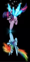Size: 763x1576 | Tagged: safe, artist:unitoone, derpibooru import, rainbow dash, twilight sparkle, artificial wings, augmented, female, flying, lesbian, magic, magic wings, mare, shipping, twidash, wings