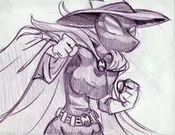 Size: 1100x850 | Tagged: anthro, artist:trollie trollenberg, dead source, derpibooru import, female, mare do well, monochrome, safe, solo, traditional art