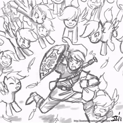 Size: 800x800 | Tagged: safe, artist:johnjoseco, derpibooru import, scootaloo, biting, cucco, feather, flock, grayscale, link, monochrome, multeity, nintendo, scootachicken, scootaloo can fly, scootalots, the legend of zelda, tongue out