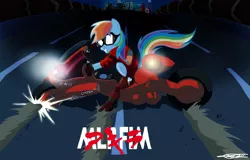 Size: 1280x817 | Tagged: safe, artist:willisninety-six, derpibooru import, rainbow dash, pegasus, pony, akira, boots, city, clothes, crossover, female, goggles, highway, mare, motorcycle, shoes, signature, solo
