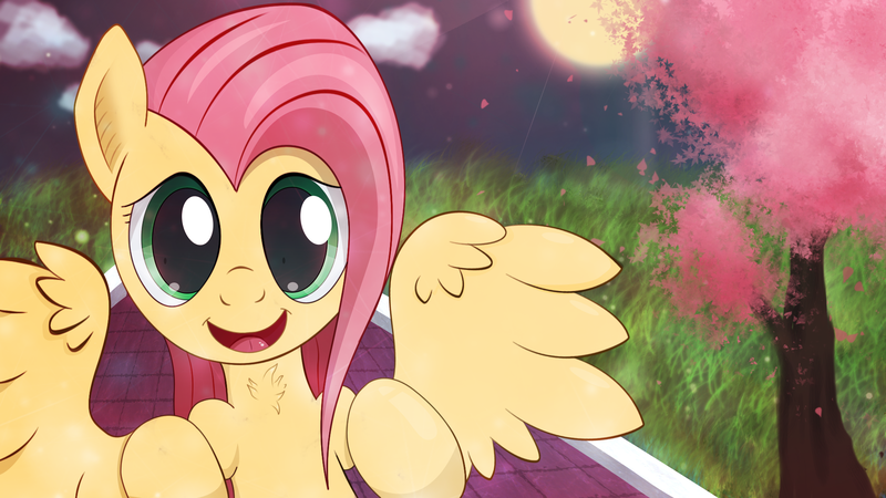 Size: 1920x1080 | Tagged: safe, artist:zipomon, derpibooru import, fluttershy, pegasus, pony, cherry blossoms, cloud, female, flower, flower blossom, grass, mare, moon, open mouth, solo, tree, wings