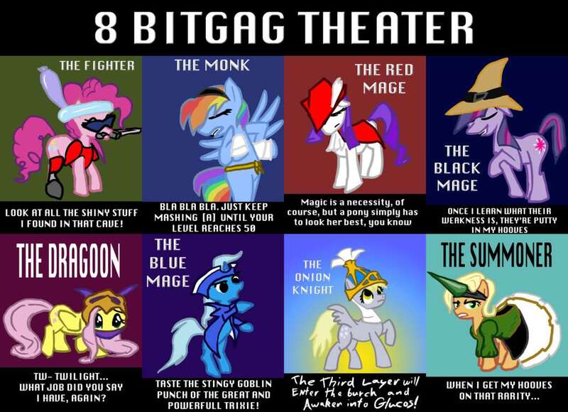 Size: 1024x743 | Tagged: safe, artist:tx2, derpibooru import, ponibooru import, applejack, derpy hooves, fluttershy, pinkie pie, rainbow dash, rarity, trixie, twilight sparkle, pegasus, pony, 8-bit theater, female, final fantasy, mare