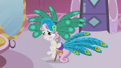 Size: 853x480 | Tagged: safe, derpibooru import, screencap, sweetie belle, pony, unicorn, ponyville confidential, blush sticker, blushing, embarrassed, feather, feathered hat, female, filly, foal, hat, mirror, notepad, outfit catalog, peacock feathers, pencil, sitting, solo, stool