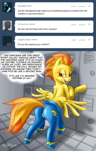 Size: 844x1327 | Tagged: artist:pluckyninja, ask, bedroom eyes, derpibooru import, female, locker room, plot, solo, solo female, spitfire, stupid sexy spitfire, suggestive, tumblr, tumblr:sexy spitfire, wonderbolts uniform