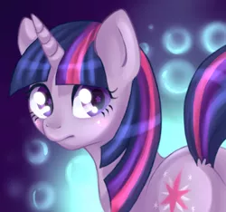 Size: 1024x960 | Tagged: source needed, useless source url, safe, artist:cepto, derpibooru import, twilight sparkle, pony, unicorn, abstract background, blushing, bubble, cute, female, horn, looking back, mare, plot, solo, starry eyes, twiabetes, unicorn twilight, wingding eyes