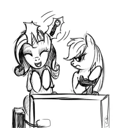 Size: 1000x1000 | Tagged: applejack, artist:fiarel, derpibooru import, magic, monochrome, playstation 3, rarity, safe