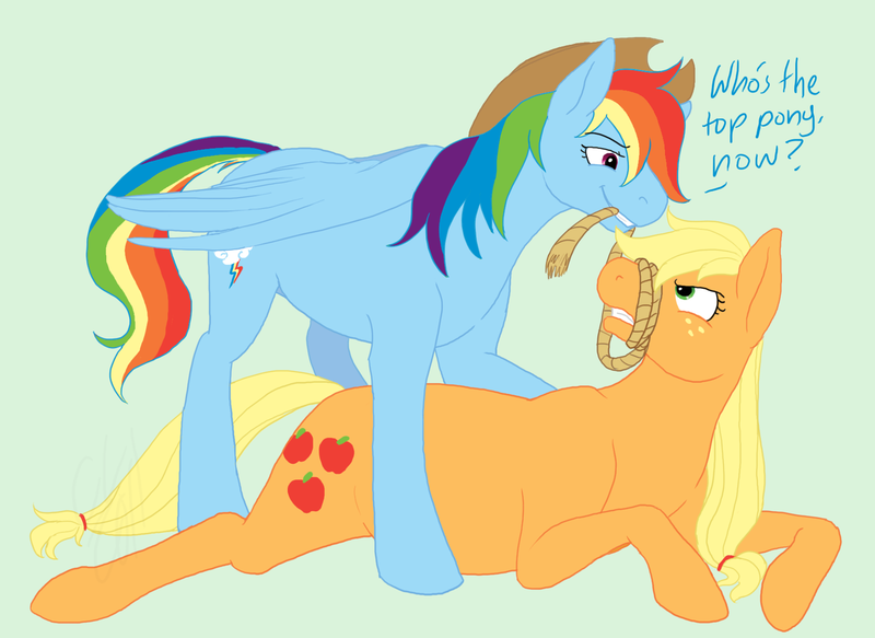 Size: 1646x1200 | Tagged: suggestive, artist:cartoonlion, derpibooru import, applejack, rainbow dash, appledash, bondage, female, femdom, lesbian, mare, rope, shipping