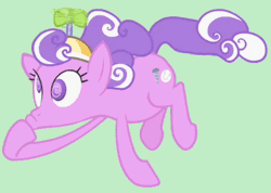 Size: 454x324 | Tagged: safe, artist:snips, derpibooru import, screwball, earth pony, pony, the return of harmony, animated, floating, flying, green sky, hat, propeller hat, solo, spinning, swirly eyes