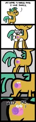Size: 600x2018 | Tagged: safe, artist:zicygomar, derpibooru import, snails, pony, snail, unicorn, comic:the horror of existence, adobe premiere elements, colt, comic, cutie mark, dialogue, english, first snails picture on derpibooru, frown, help me, male, poof, solo, standing, wat