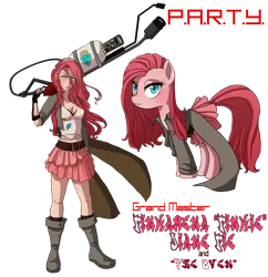 Size: 1804x1861 | Tagged: artist:the-orator, belly button, clothes, derpibooru import, flamethrower, humanized, human ponidox, longcoat, p.a.r.t.y., pinkamena diane pie, pinkie pie, safe, weapon